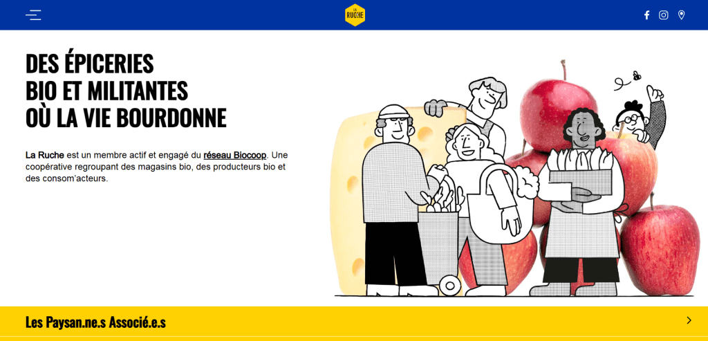 Capture d'écran du site la Ruche avec un dessin de personnes et de fruits