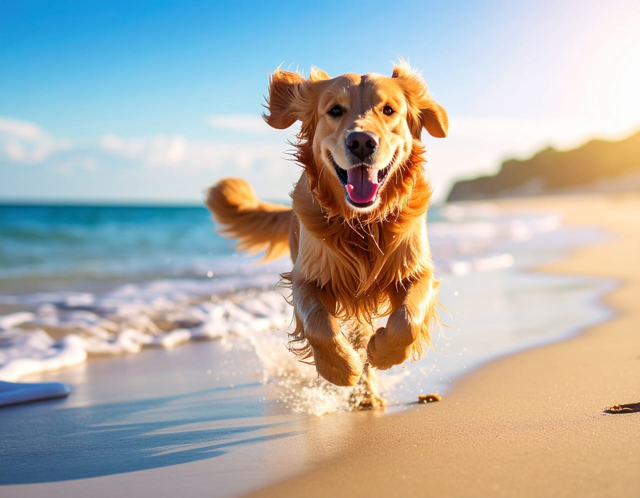 Un Golden Retriever court au bord de la mer pendant une journée ensoleillée